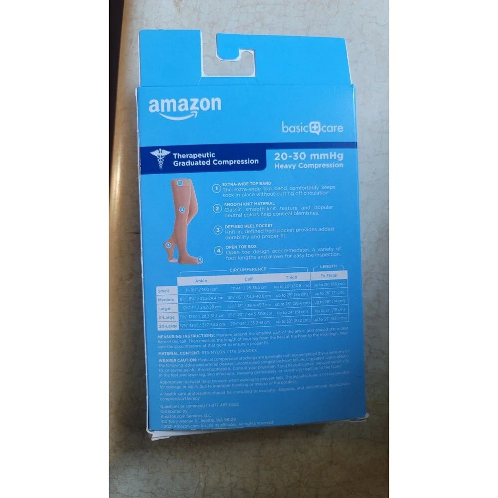 Amazon Medical Compression Stockings 20 - 30 mmHg Beige Thigh High Open Toe 2XL